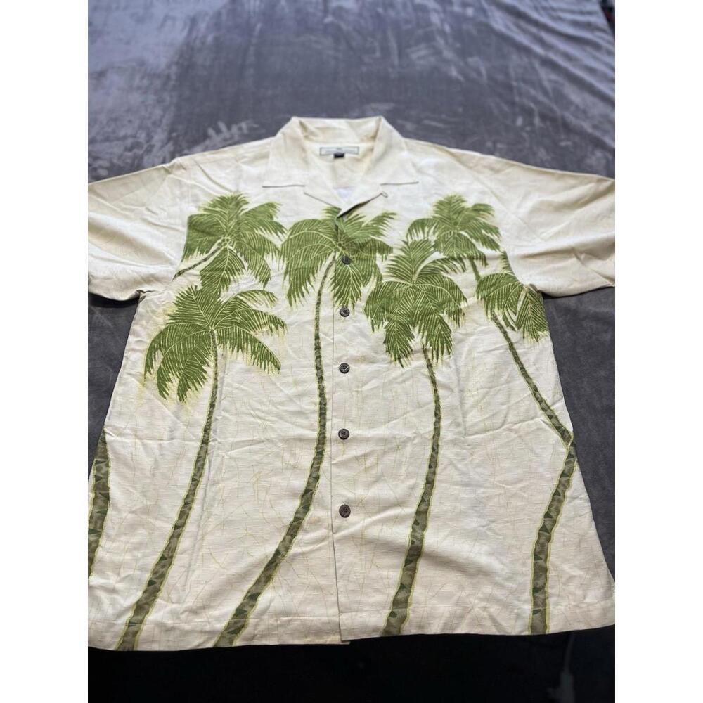 Tommy Bahama 100%‎ Silk Button Up Shirt Mens Palm Trees L Front Back Cream Tan